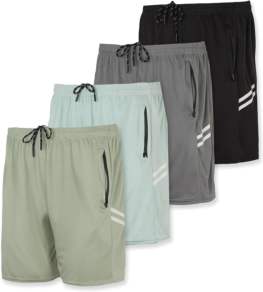 Real Essentials 4 Pack: Men's 7" Athletic Running Quick Dry Mesh Shorts with Zipper Pockets (Available in Big & Tall)