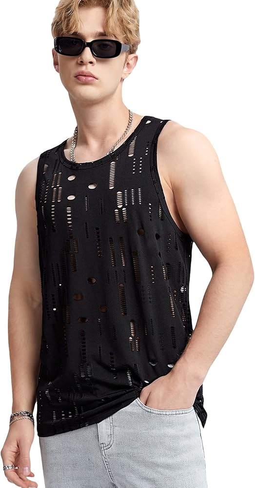 WDIRARA Men's Hollow Out Cut Out Tank Top Round Neck T Shirt Crewneck Sleeveless Tee