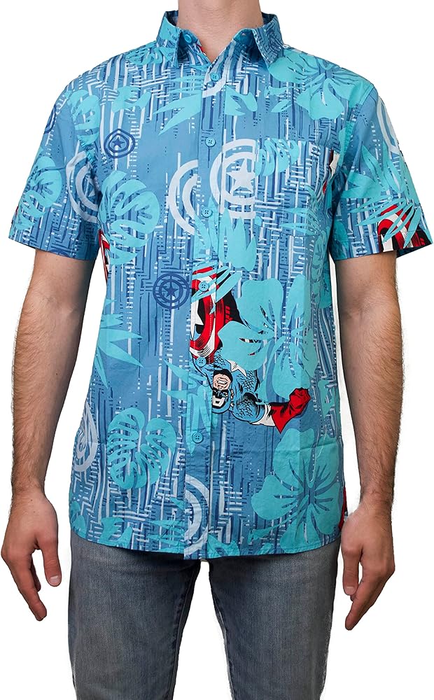 Marvel Men's Button Down Shirt, Blue/Aqua Cap Island, Medium