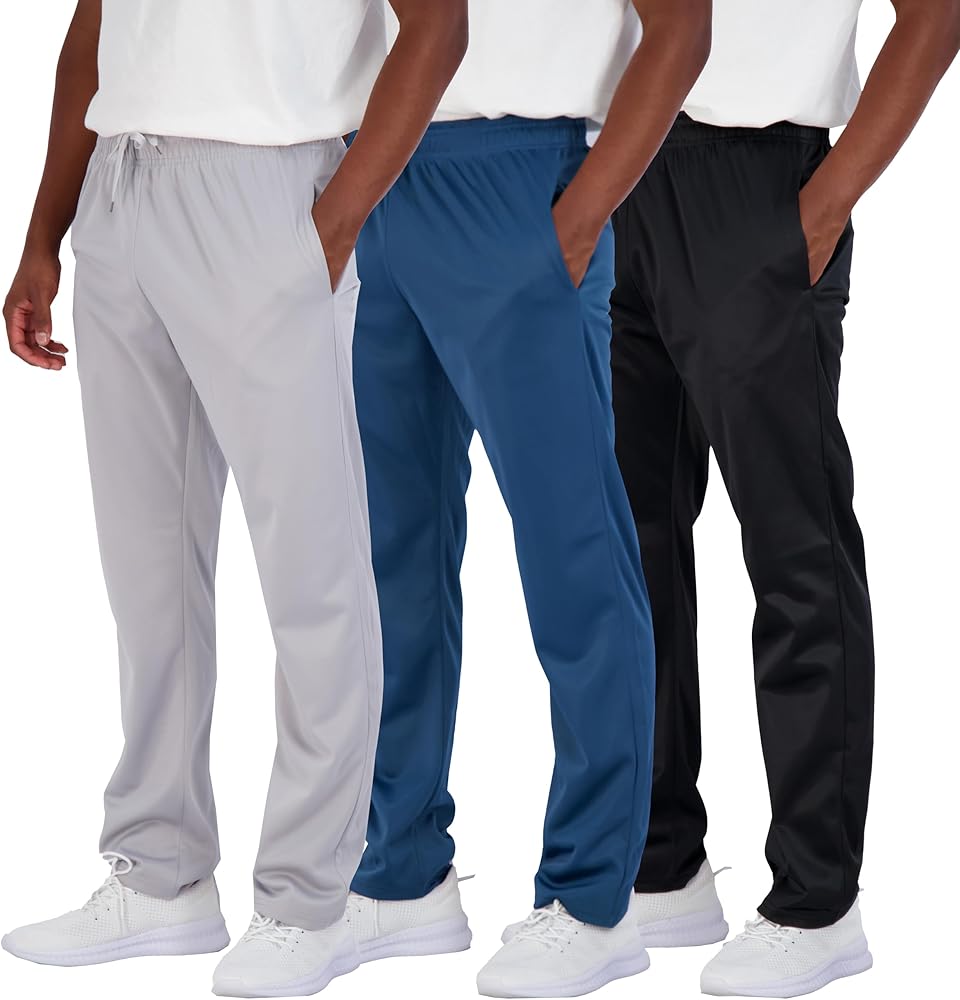 Real Essentials 3 Pack: Men's Active Athletic Casual Tricot Open Bottom Sweatpants with Pockets (Available in Big & Tall)