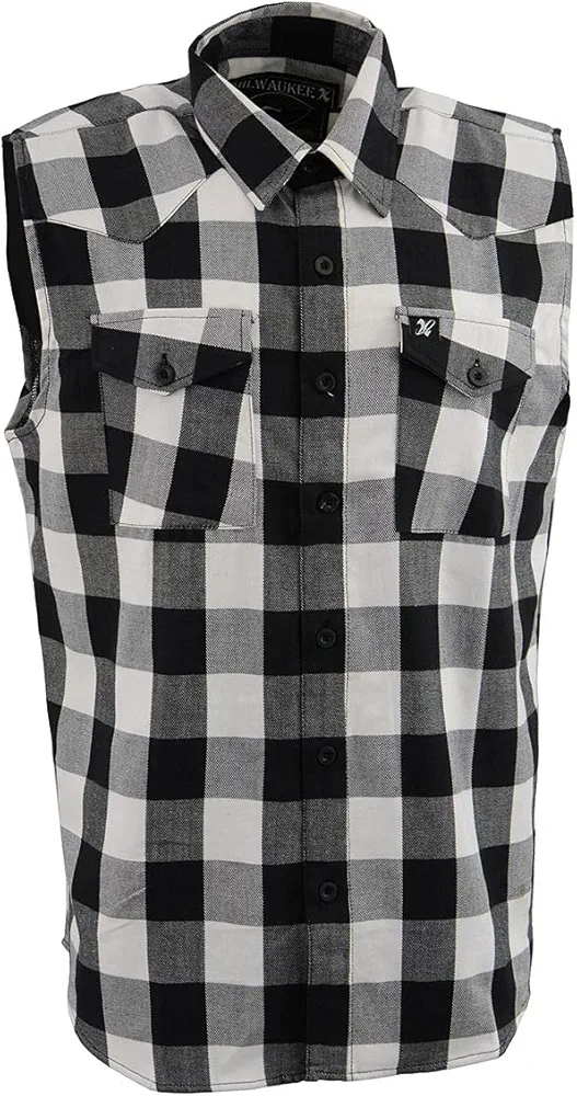 Milwaukee Leather MPM1647 Men’s Classic Black and White Button-Down Flannel Cut Off Sleeveless Casual Shirt - 4X-Large