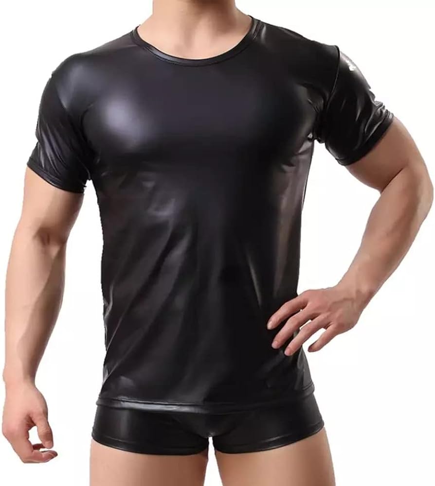 Men Sexy Leather T-Shirt, Plus Size S-5XL, Shiny Soft Matte Leather, Short Sleeve Leather Tops for Male