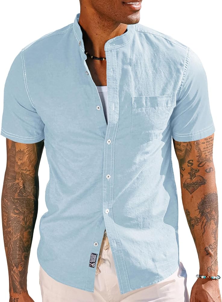 PJ PAUL JONES Mens Linen Shirts Casual Band Collar Short Sleeve Button Down Summer Beach Shirts