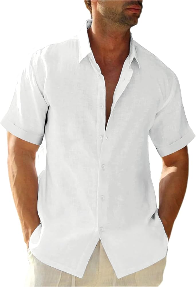 Men's Casual Linen Shirts Short Sleeve Button Down Shirts Summer Beach Shirt Dress Shirt