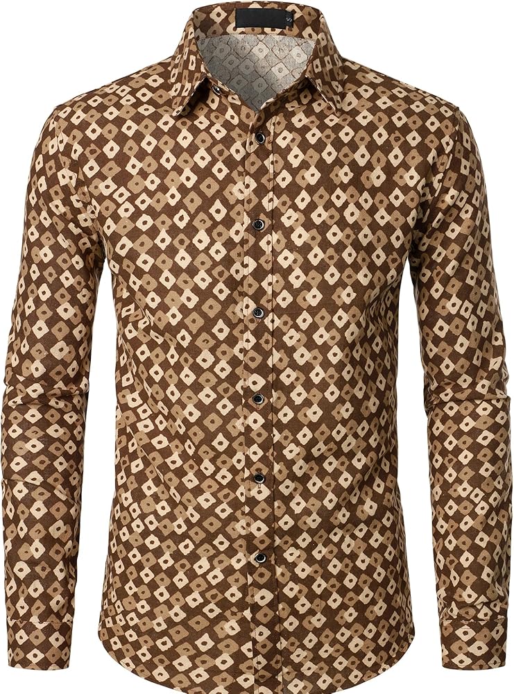 Men's Linen Stylish African Traditional Pattern Printed Long Sleeve Button up Shirt