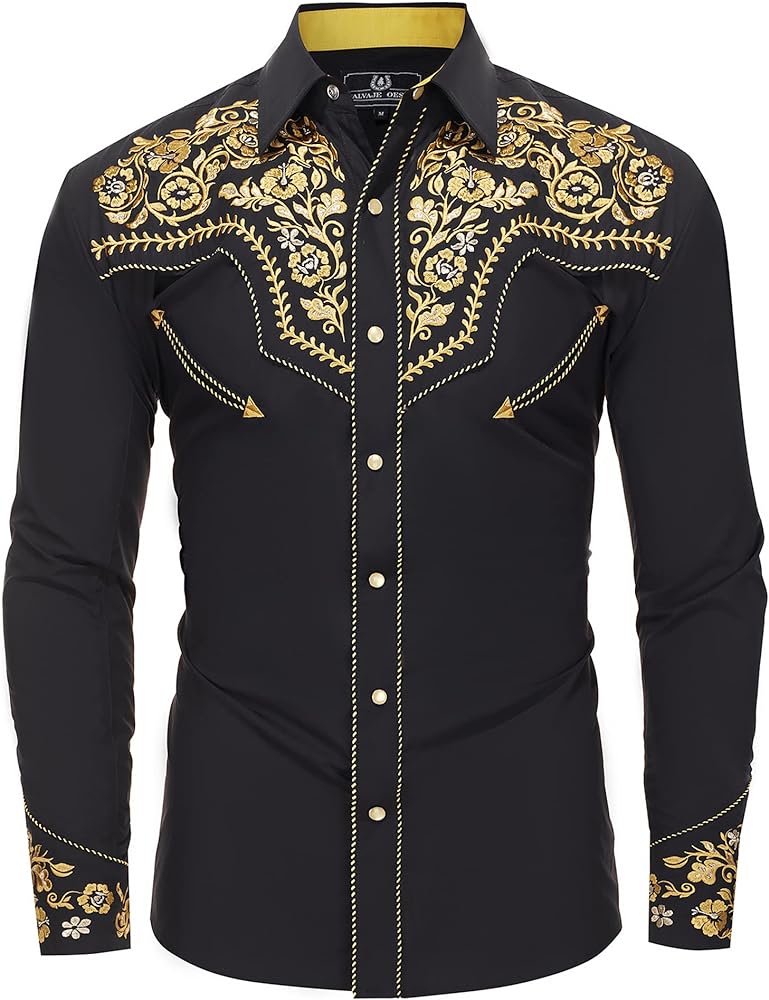 Western Embroidered Cowboy Shirts for Men, Casual Button Down Long Sleeve Shirt Floral Design Retro Shirt