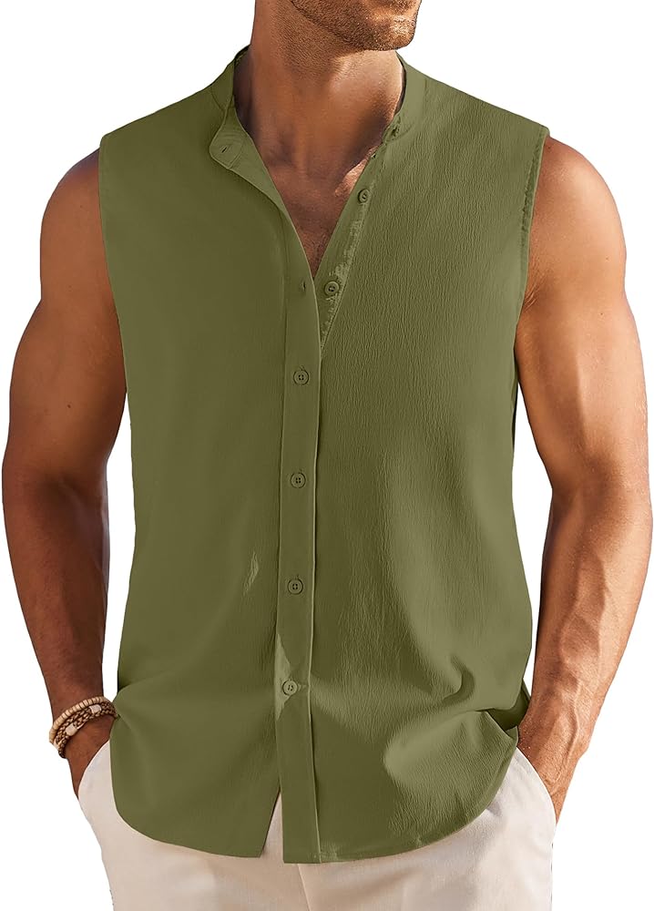 COOFANDY Men's Summer Beach Tank Tops Sleeveless Button Up Shirt Casual Textured Tank Shirts