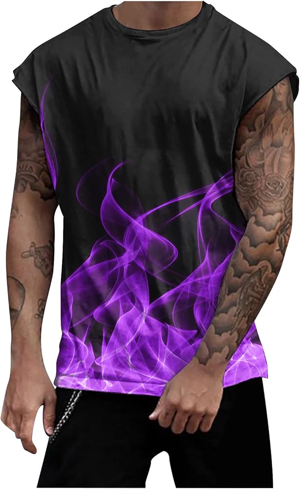 Mens Sunner Tops 3D Flame Graphic Sleeveless T-Shirts Crew Neck Active Tank Tops Loose Fit Casual Tees Tops