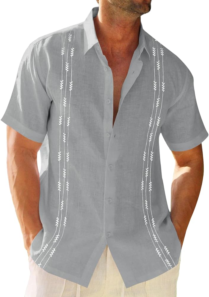 Runcati Mens Linen Shirt Guayabera Cuban Short Sleeve Button Down Cotton Summer Beach Hippie Shirts