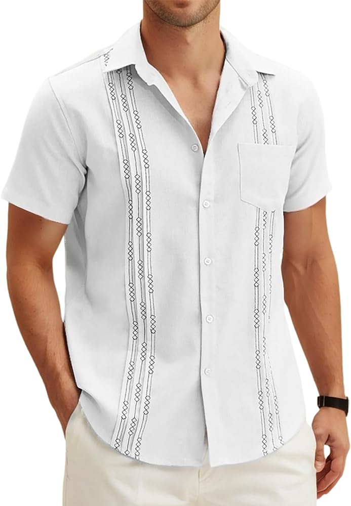 Men's Casual Summer Short Sleeve Cuban Guayabera Shirts Button Down Linen Shirts for Men Cotton Beach Tops with Pocket