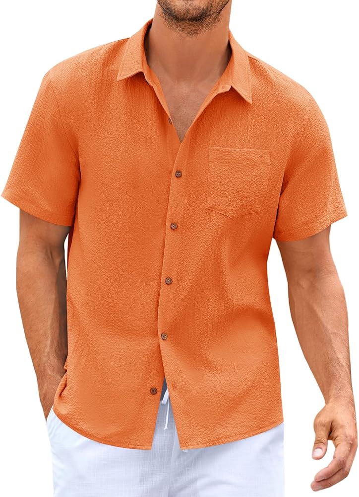 Mens Short Sleeve Shirt Textured Button Down Crinkled Summer Beach Casual Lightweight Shirts Tops