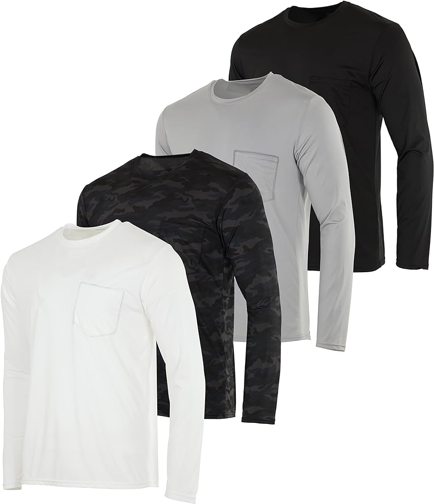 Real Essentials 4 Pack: Men's Dry-Fit Active Athletic Long Sleeve Pocket Crew T-Shirt Outdoors UPF 50 S-5XLT