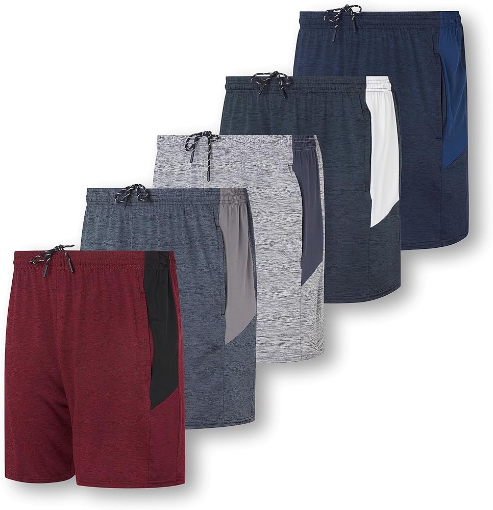 Real Essentials 5 Pack: Men's 5" Inseam Dry-Fit Running Workout Shorts - Pockets & Drawstring (Available in Big & Tall)