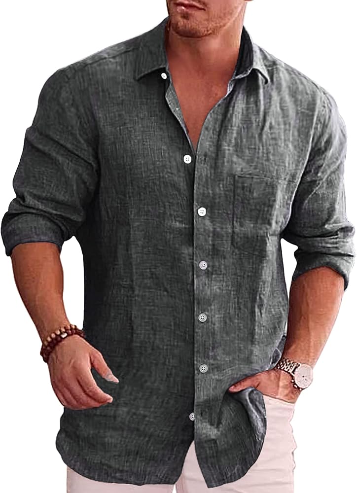 COOFANDY Men's Casual Button Down Shirt Long Sleeve Linen Chambray Shirt