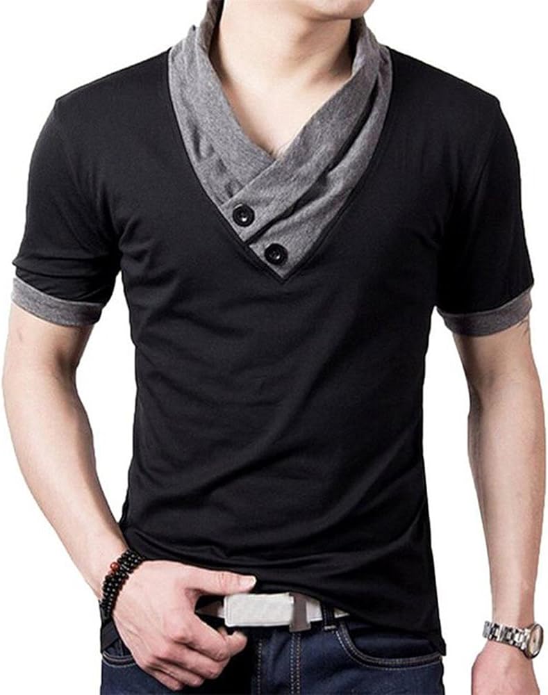 YTD Mens Cotton Casual V-Neck Button Slim Muscle Tops Tee Short Sleeve T-Shirts