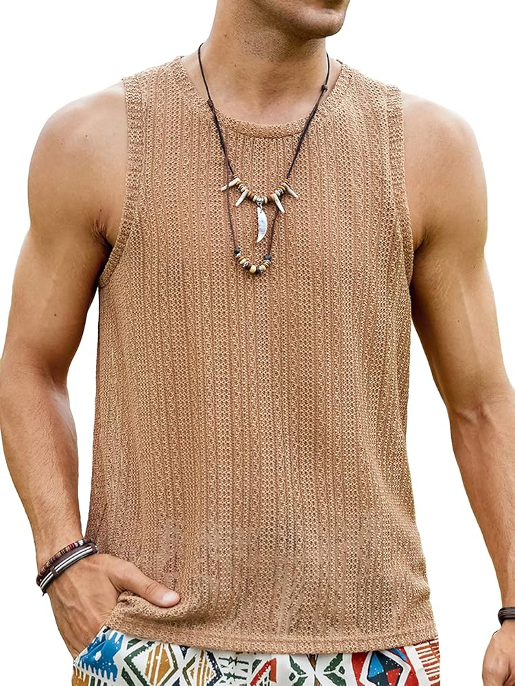 OYOANGLE Men's Casual Boho Beach Striped Trim Textured Crewneck Tank Tops Sleeveless T-Shirts