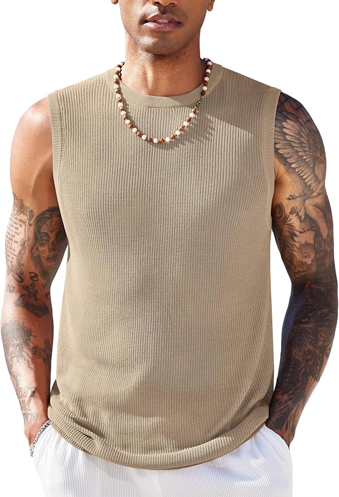 COOFANDY Mens Casual Knitted Tank Tops Crew Neck Sleeveless Muscle T Shirts Summer Beach Tops