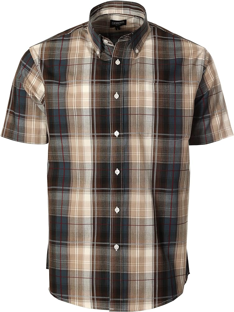 Gioberti Men's Plaid Short Sleeve Shirt, Khaki/Navy, Large