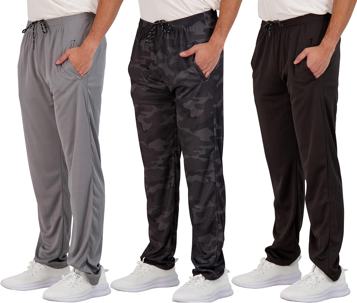 Real Essentials 3 Pack: Men's Mesh Athletic Gym Workout Lounge Open Bottom Sweatpants with Pockets (Available in Big & Tall)