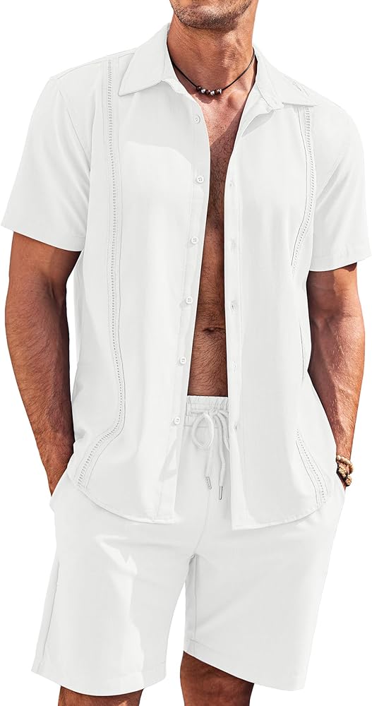 COOFANDY Men's 2 Piece Short Set Cuban Guayabera Shirts Short Sleeve Casual Beach Outfits Set