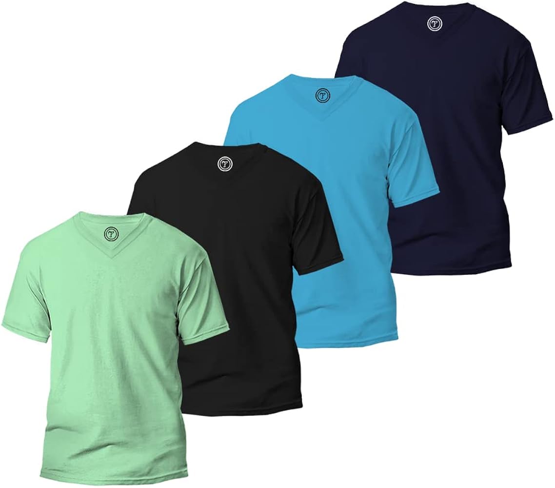 Mens V-Neck Half Sleeve T-Shirt-Cotton Blend-Solid Colors-Dry-Fit Moisture Wicking Tees for Men-Pack of 4