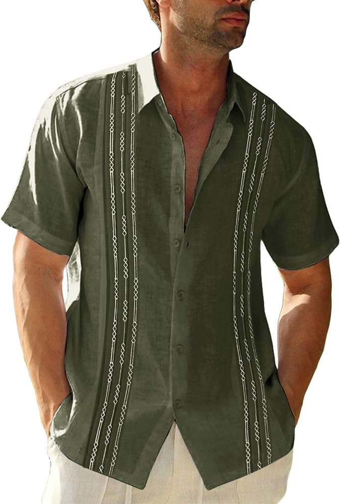 Mens Short Sleeve Guayabera Shirts Linen Cotton Button Down Mexican Embroidered Cuban Wedding Shirt Summer Tops