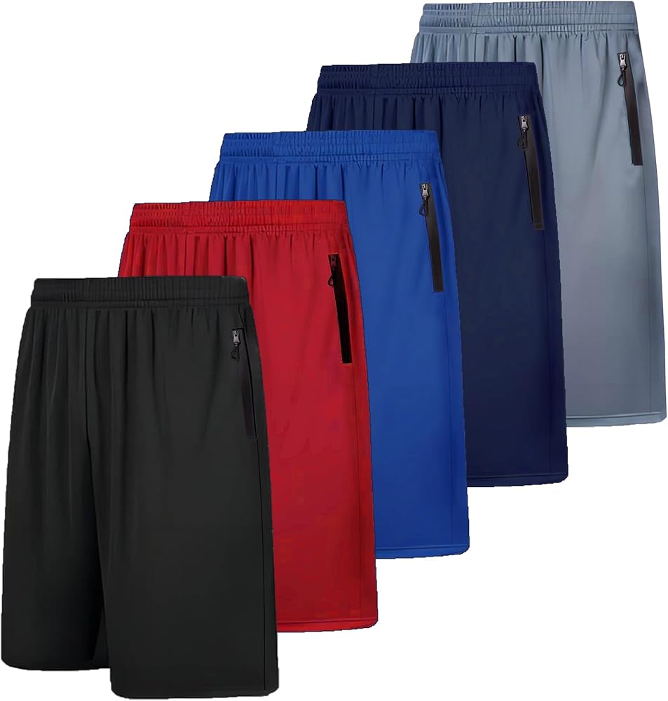 RPOVIG Men's Workout Shorts Sets 5 Pack with Zippered Pockets Basketball Gym Activewear Athletic Mesh Shorts