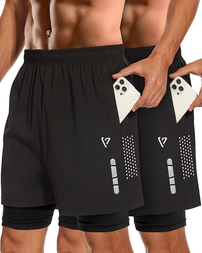 Men's 2 in1 Running Shorts 5''Quick Dry Mens Athletic Shorts Breathable Mesh Gym Shorts Men with Zip Pockets & Towel