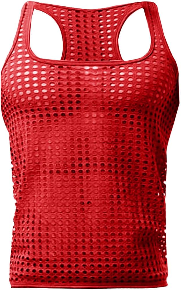 Mens Mesh Fishnet Tank Tops See Through Sleeveless Square Neck Tops Semi Sheer Mesh T Shirt Fitted Fishnet Tee