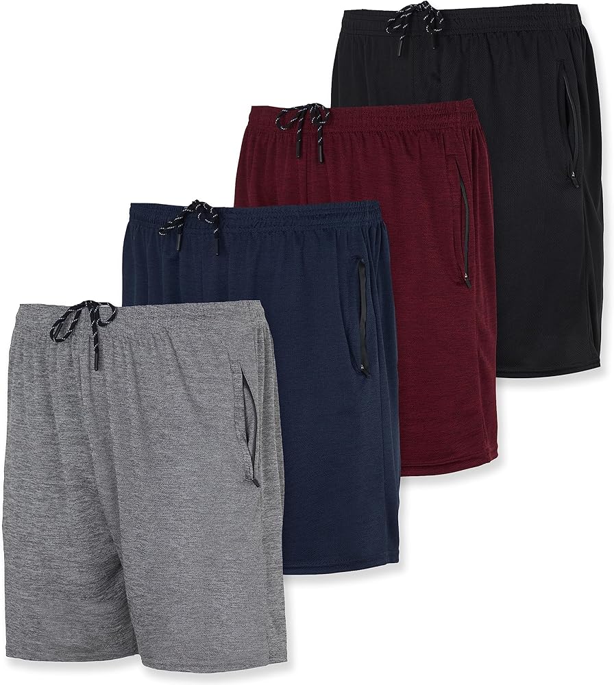 Real Essentials 4 Pack: Men's 7" Athletic Running Quick Dry Mesh Shorts with Zipper Pockets (Available in Big & Tall)