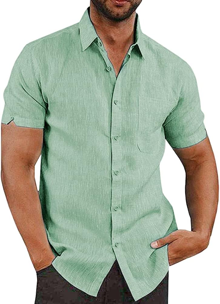 Button Down Short Sleeve Linen Shirts for Men Summer Casual Cotton Spread Collar Beach Shirts