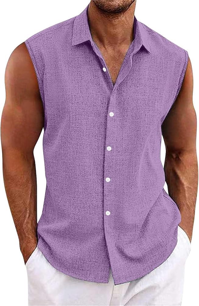 WENKOMG1 Mens Sleeveless Shirt Solid Color Casual Button Down Tank Tops Lightweight Breathable Lapel Summer Shirts