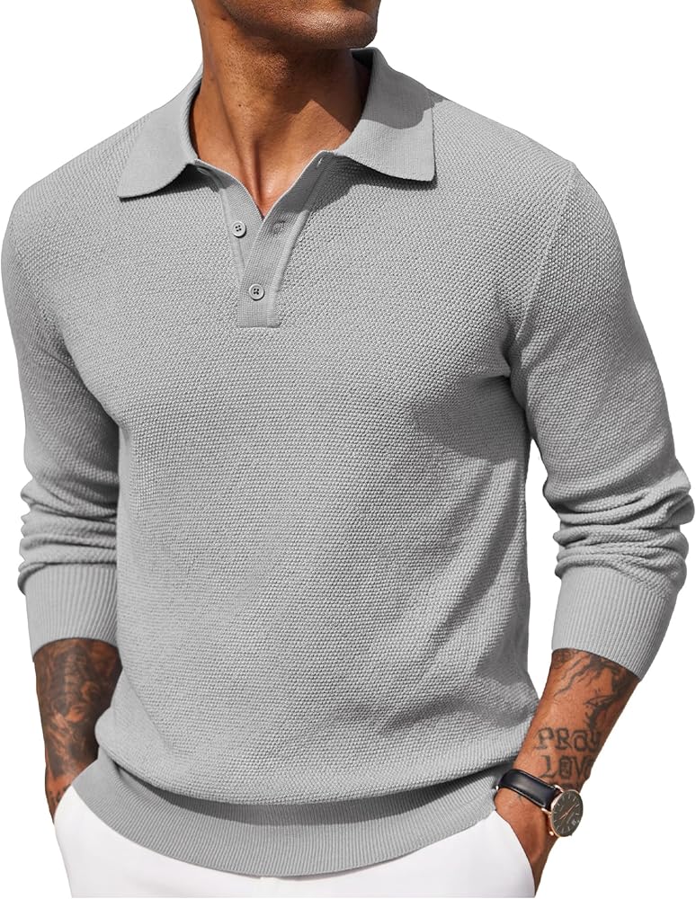 COOFANDY Mens Knit Polo Shirts Long Sleeve Casual Polo Sweaters Shirt Waffle Textured Collared Sweater