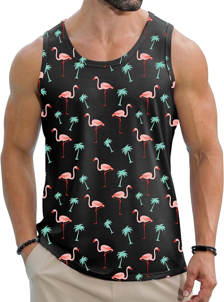 Babioboa Men's Hawaiian Tank Tops Tropical Funky Floral Beach Tops Sleeveless Basic T-shirt Breathable Aloha Tee Summer