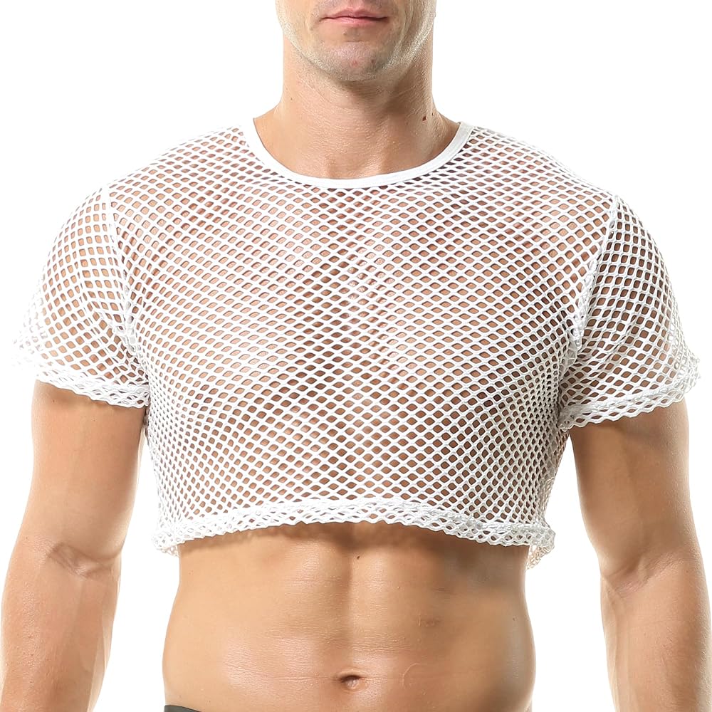 QiaTi Men's Fishnet Shirts Mesh Crop Top See Through Round Neck Short Sleeve Sexy Muscle Tee