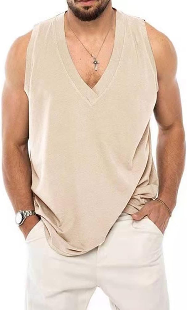 utcoco Men's Cotton Linen Tank Top Solid Color V-Neck Cut Off Tee Summer Beach Sleeveless Shirts for Men