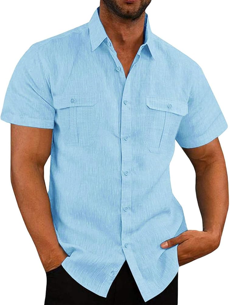 Men Short Sleeve Lightweight Shirts Simple Solid Color Shirt Collared Casual Stylish Button Up Tees