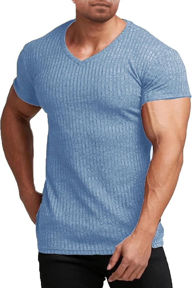 COOFANDY Men's Muscle T Shirts Stretch Short Sleeve V Neck Bodybuilding Workout Tee Shirts Ribbed Knit Shirt