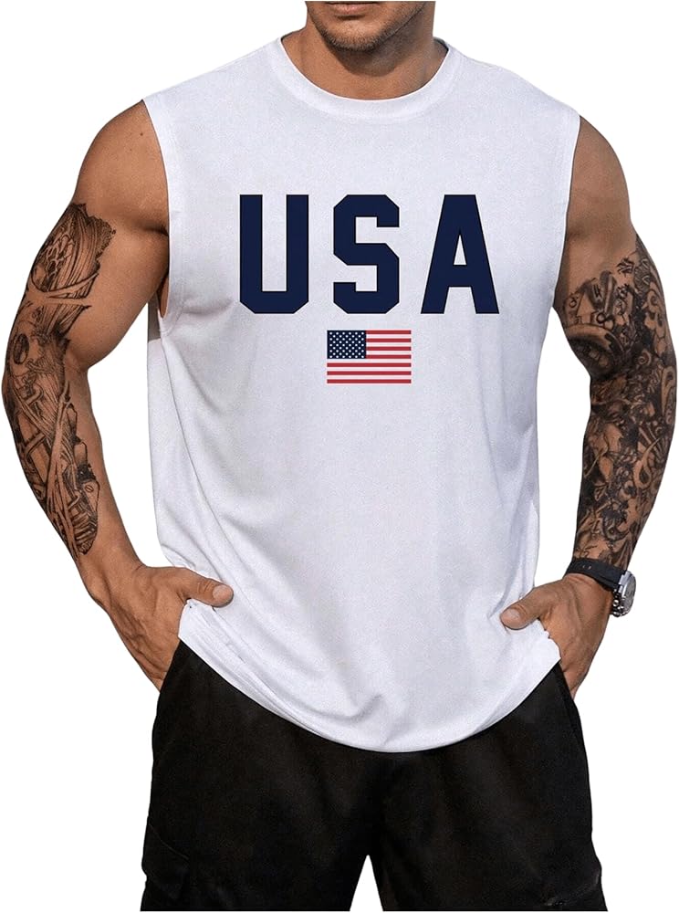 GORGLITTER Men's American Flag Tank Top 4th of July Sleeveless Crewneck Vest T-Shirt