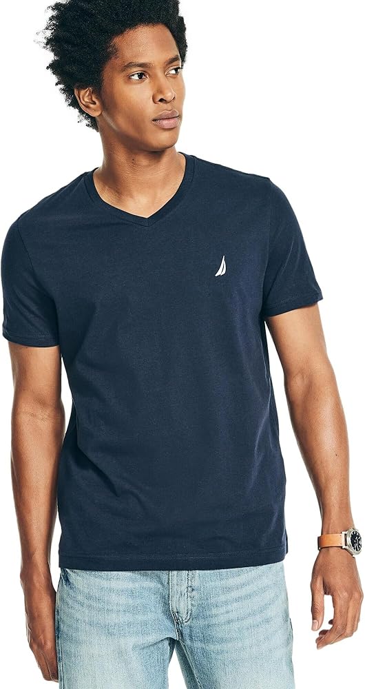 Nautica Men's J-Class Logo Solid V-Neck T Shirt, Navy, XL