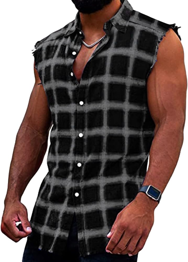 Mens Sleeveless Flannel Plaid Shirts Casual Button Down Muscle Cut Off Shirts Vintage Western Cowboy Vest Tank Tops