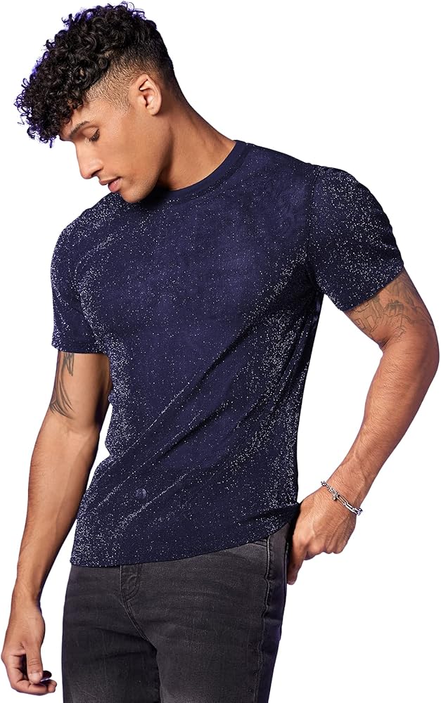 WDIRARA Men's Floral Print Sheer Mesh Short Sleeve T Shirt Round Neck Tee Top