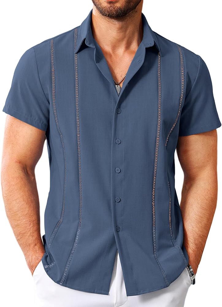 Men's Cuban Guayabera Shirt Short Sleeve Casual Button Down Shirts Summer Beach Linen Shirts