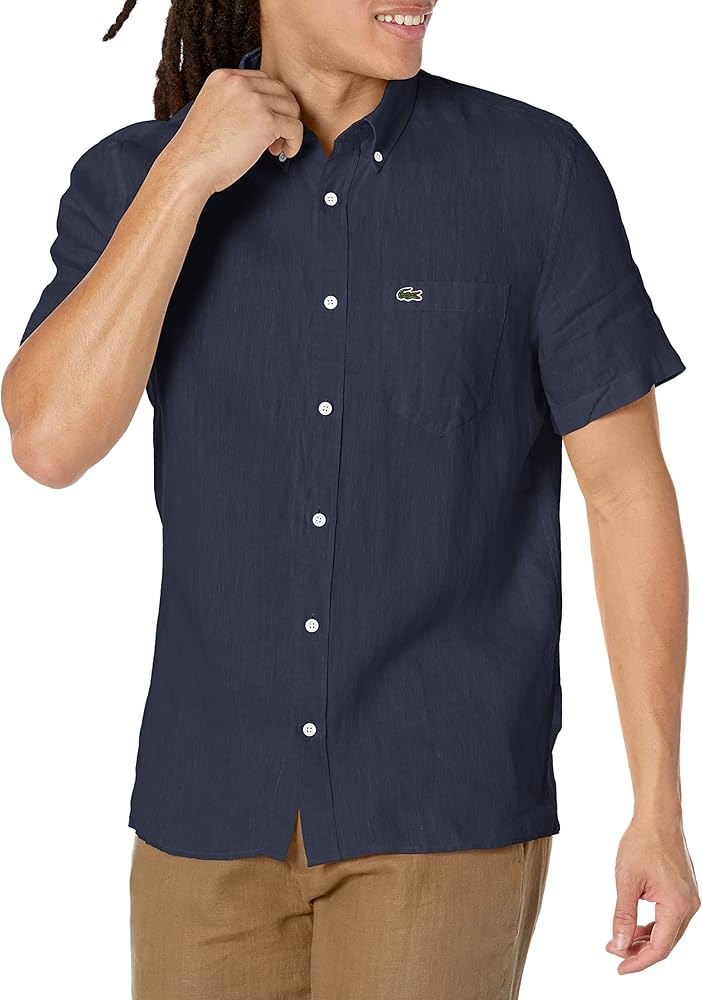 Lacoste Mens Short Sleeve Regular Fit Linen Casual Button Down Shirt With Front Pocket