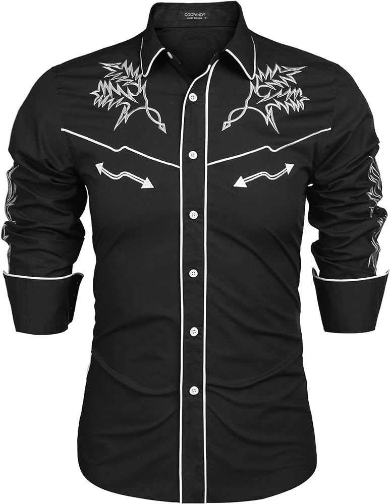 COOFANDY Men's Western Cowboy Shirt Embroidered Long Sleeve Cotton Casual Button Down Shirt