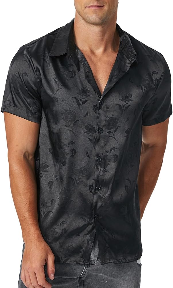 ZAFUL Mens Silky Satin Dress Shirt Short Sleeve Floral Print Jacquard Button Up Shirt Summer Holiday Party Fashion Shirt