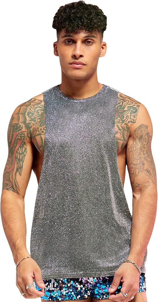 GORGLITTER Men's Glitter Round Neck Tank Top Sleeveless Club Party Tank Tops