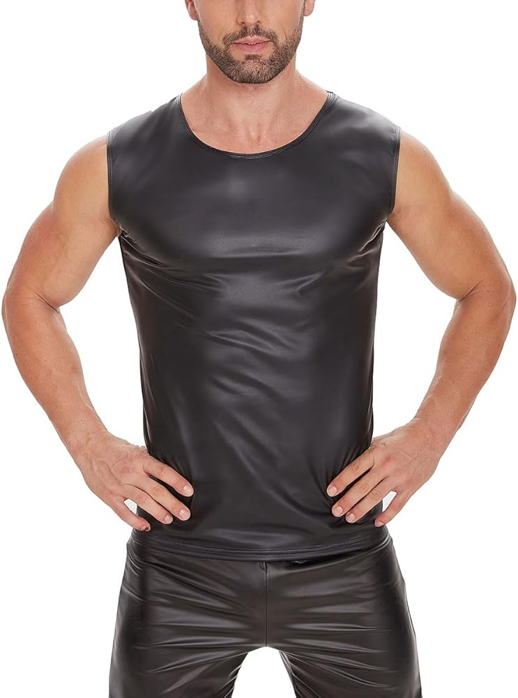 Men Sexy Leather T-Shirt, Plus Size S-5XL, Shiny Soft Matte Leather, Sleeveless Leather Tops for Male