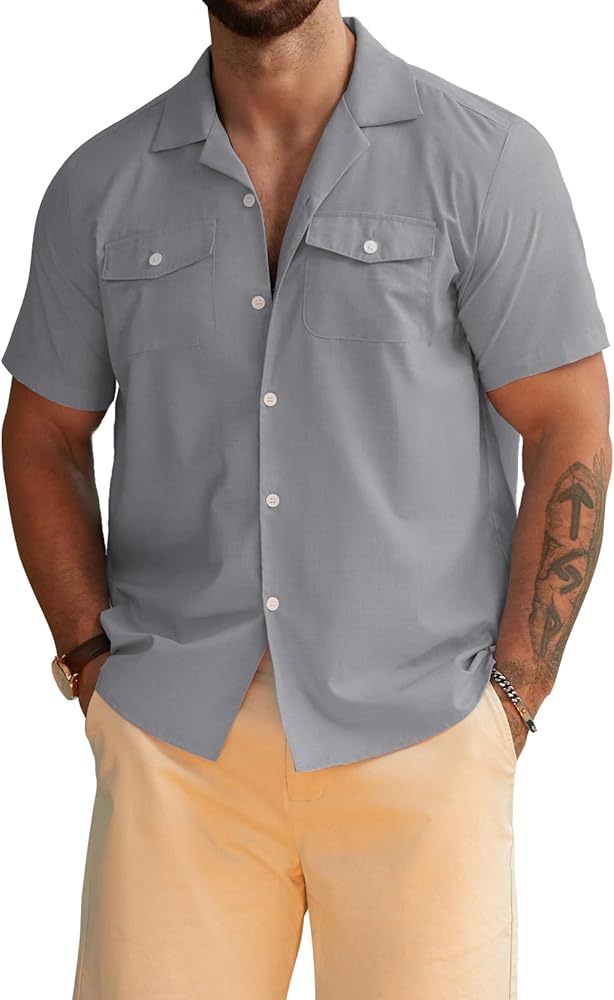 Hardaddy Men's Cuban Collar Shirts Camp Button Down Shirt with Pockets Short Sleeve with Pockets