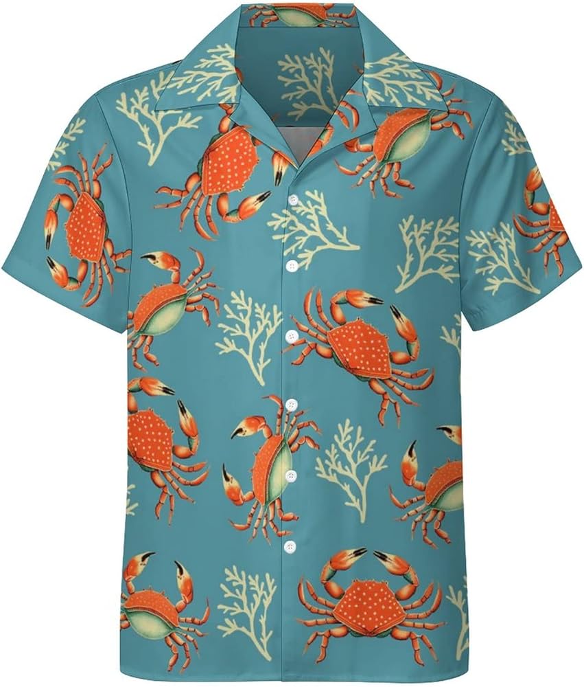 Hawaiian Shirts for Men Short Sleeve Summer Crab Pattern Casual Button Down Shirt